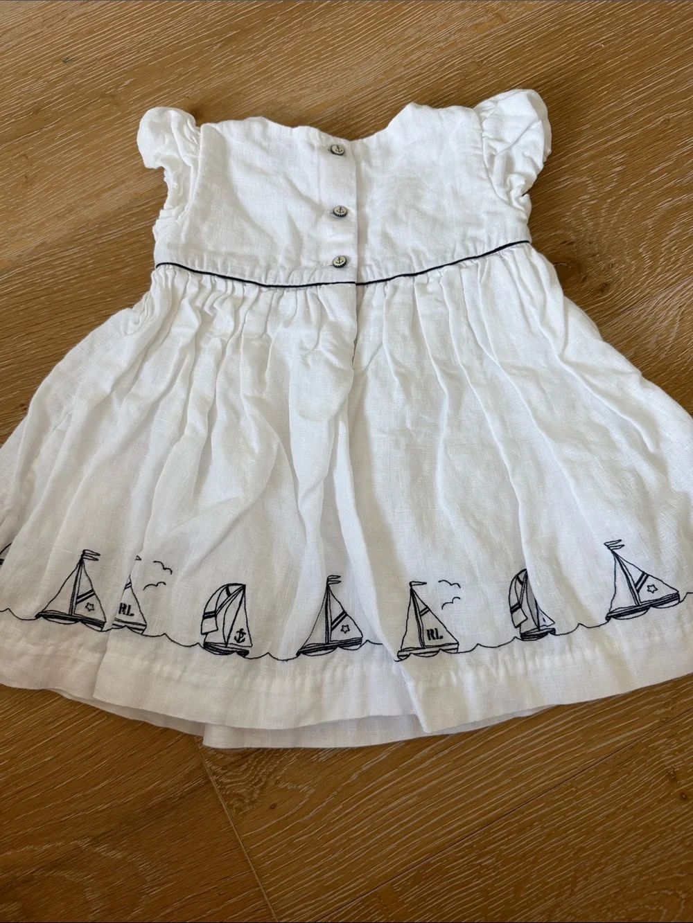 Ralph Lauren White Sailboat Embroidered Baby Dress 100% linen